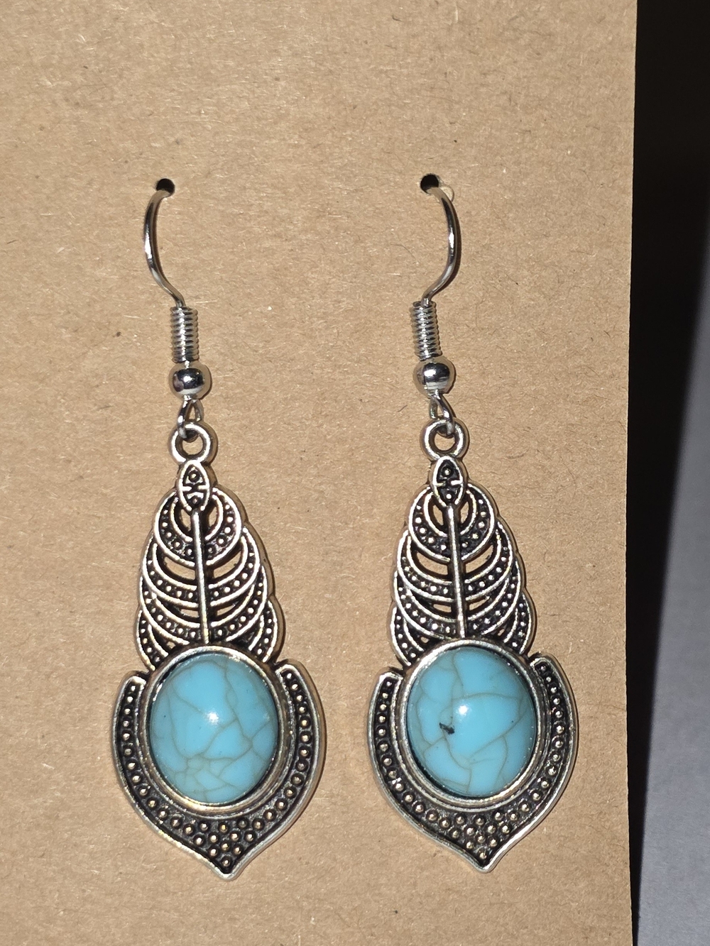 Turquoise Stone Silver-Tone Leaf Drop Earrings - Women Jewelry